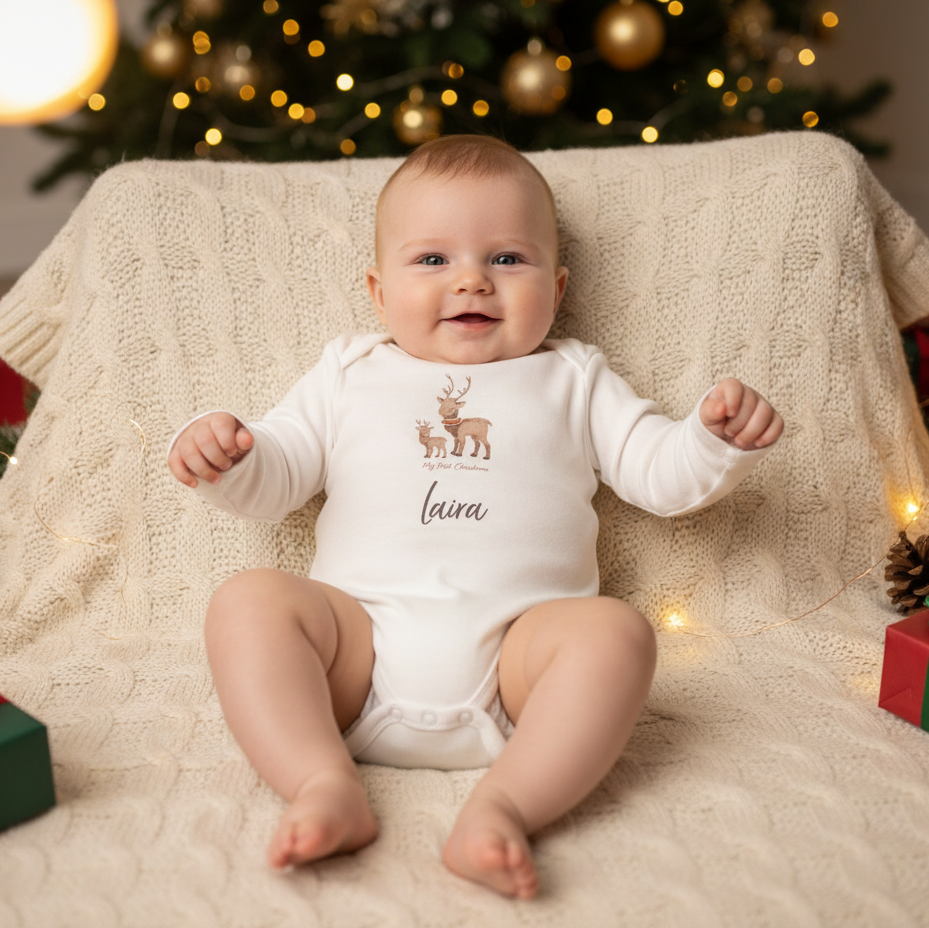 Baby liegt auf einer Decke und trägt einen personalisierten Body mit Namen – Inspiration zu beliebten Vornamen 2026