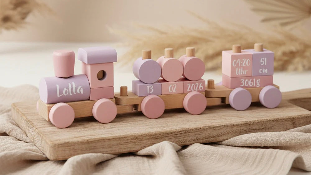Personalisierter Holzzug mit Name und Geburtsdaten als Geschenk zur Geburt für Mädchen von Schmatzepuffer