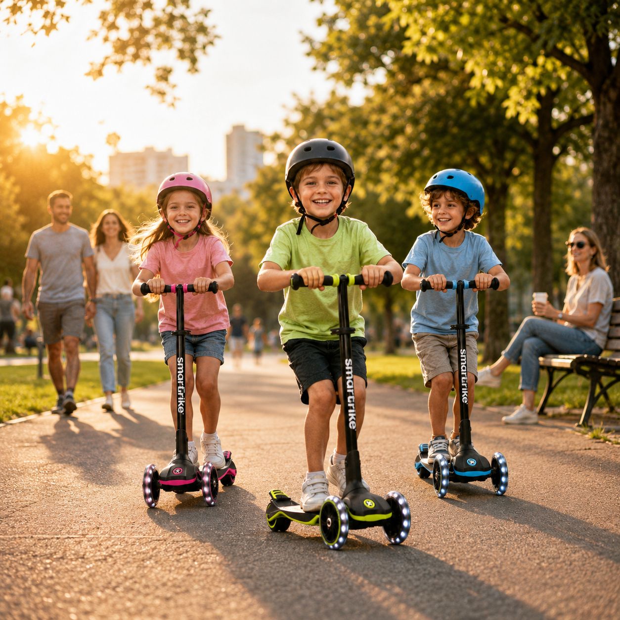 Kinder fahren gemeinsam mit mitwachsenden Scootern mit LED-Rädern im Park bei Sonnenuntergang – Alltagsszene mit Bewegung, Spaß und sicherem Fahrgefühl für Kinder