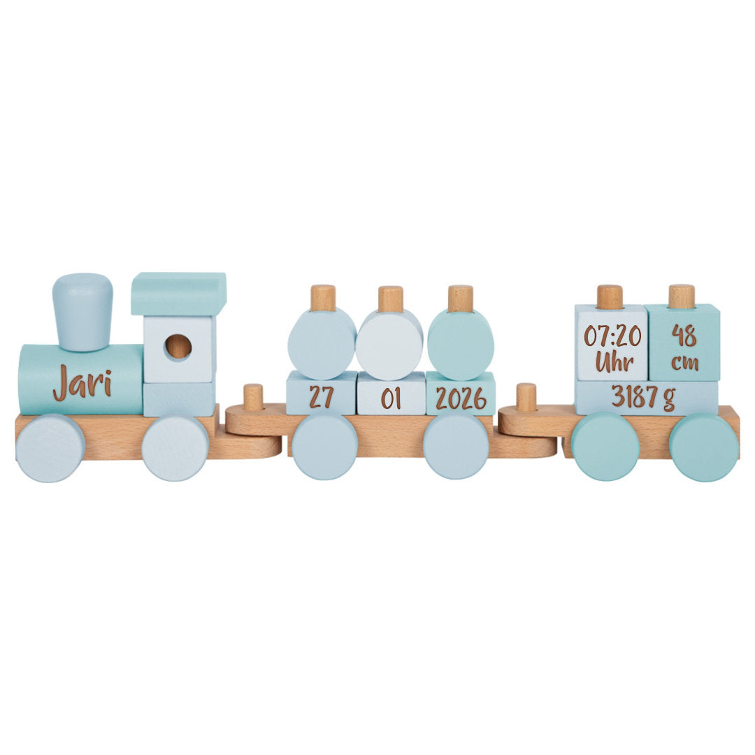 Personalisierter Holz-Zug blau – Geschenk zur Geburt mit Name | Schmatzepuffer