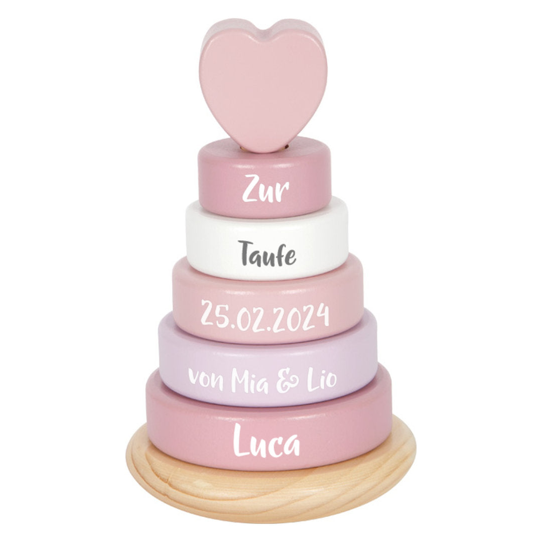 Personalized stacking tower in pink - For a christening | small foot by Schmatzepuffer