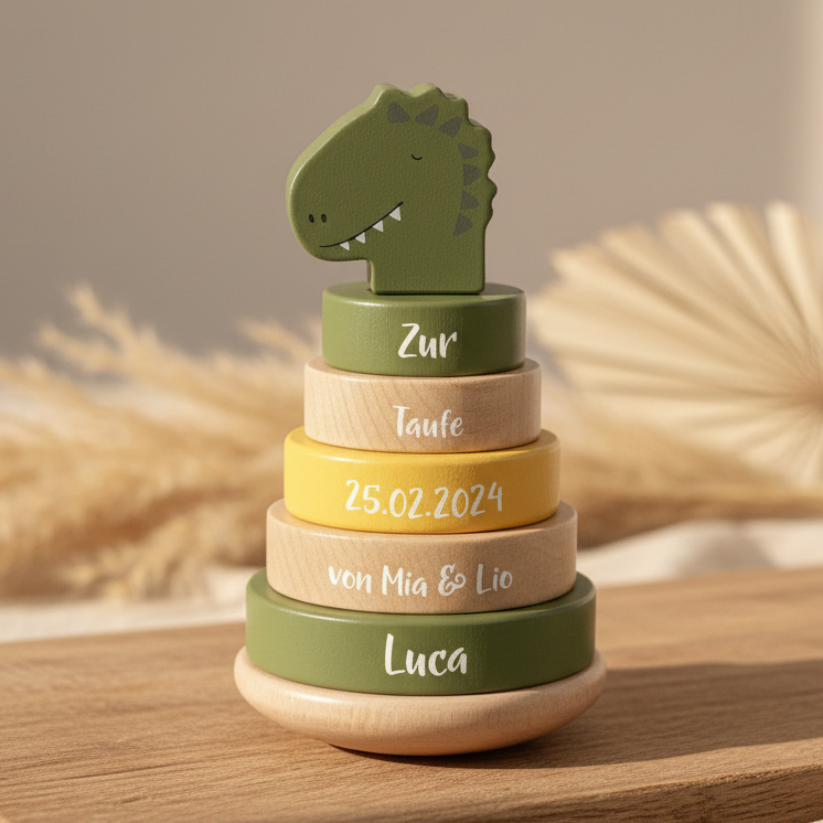 Wooden Stacking Tower Mr. Dino – Christening Gift | Schmatzepuffer