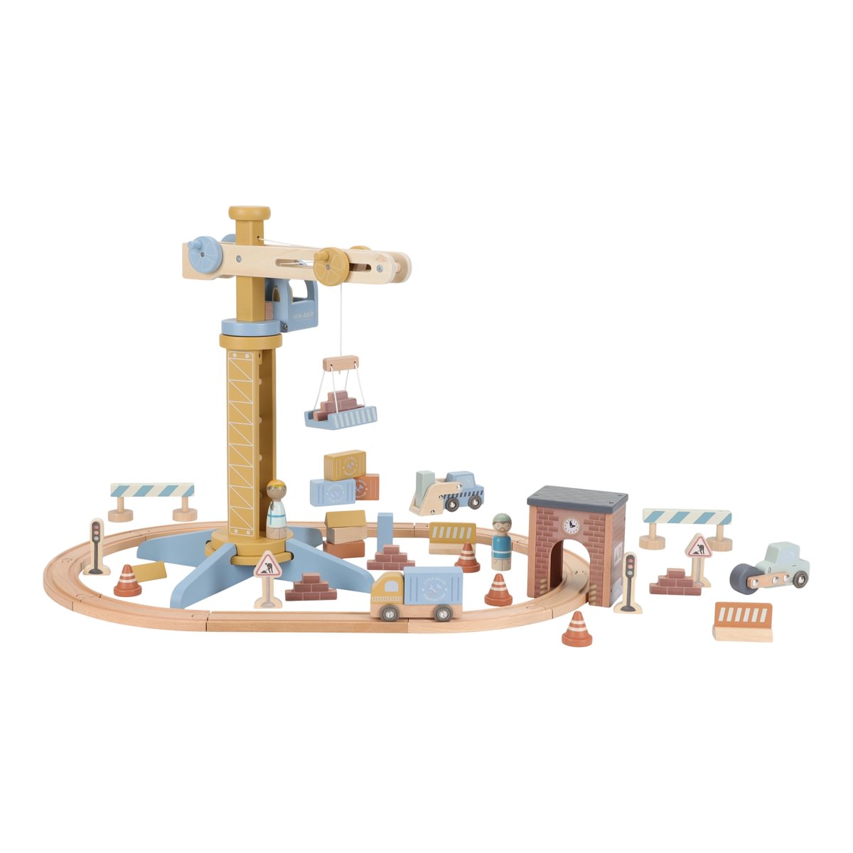 Wooden construction crane playset for wooden railway construction sites | Schmatzepuffer