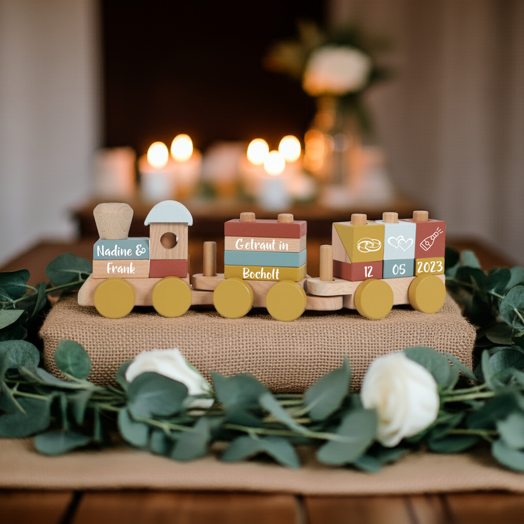 Personalisierter Holzzug Pure & Nature – Hochzeitsgeschenk mit Namen