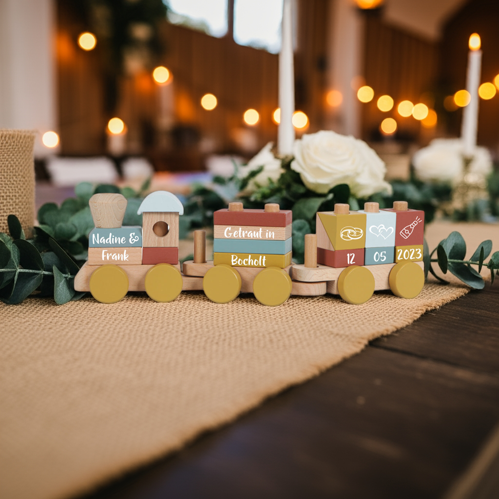 Personalisierter Holzzug Pure & Nature – Hochzeitsgeschenk mit Namen