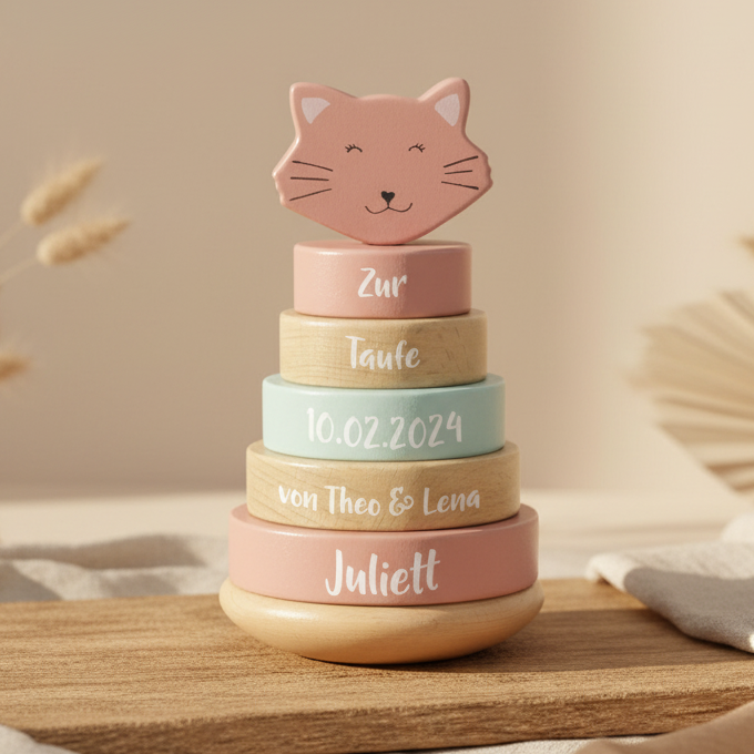 Stacking Tower Wood Mrs. Cat - Christening Gift | Schmatzepuffer
