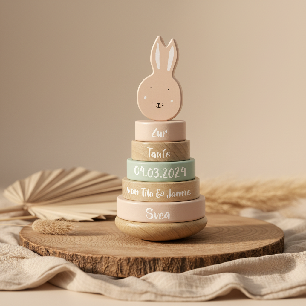 Stapelturm Holz Frau Hase – Geschenk zur Taufe | Schmatzepuffer