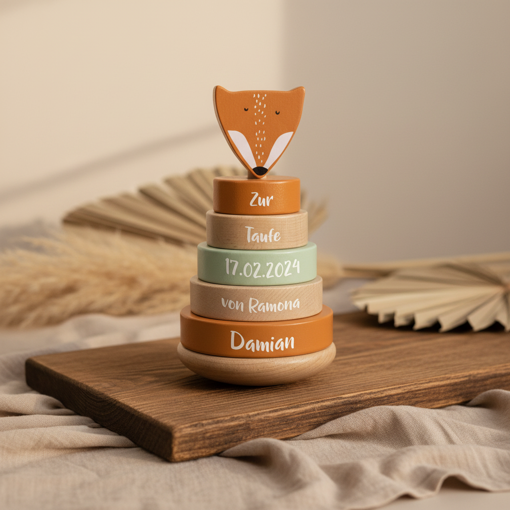 Tour à empiler en bois Monsieur Renard – Cadeau de baptême | Schmatzepuffer