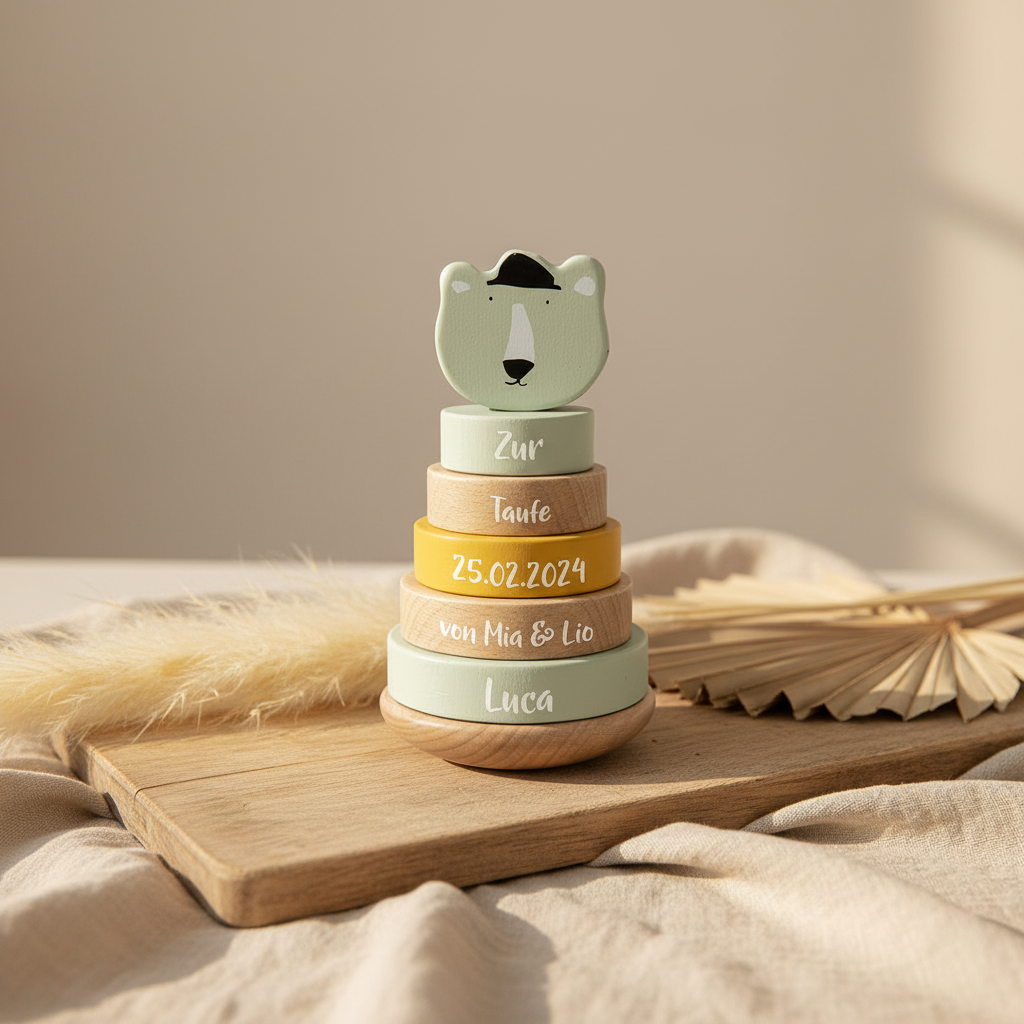 Stapelturm Holz Herr Eisbär – Geschenk zur Taufe | Schmatzepuffer