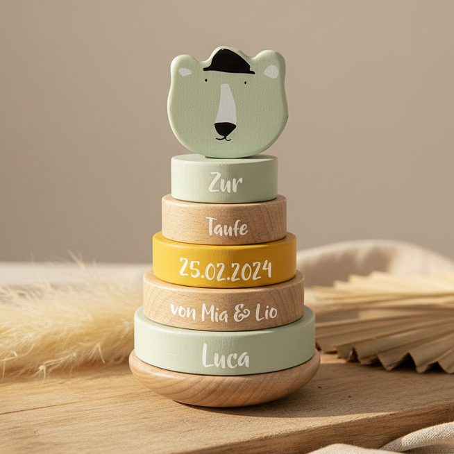 Wooden Stacking Tower Mr. Polar Bear – Christening Gift | Schmatzepuffer