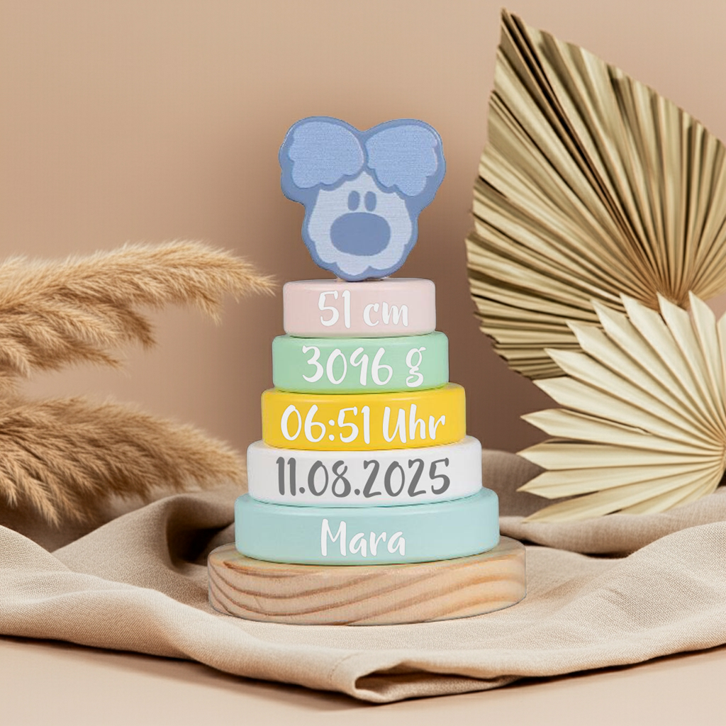 Personalized Stacking Tower Wusel Baby – Birth Gift | Schmatzepuffer