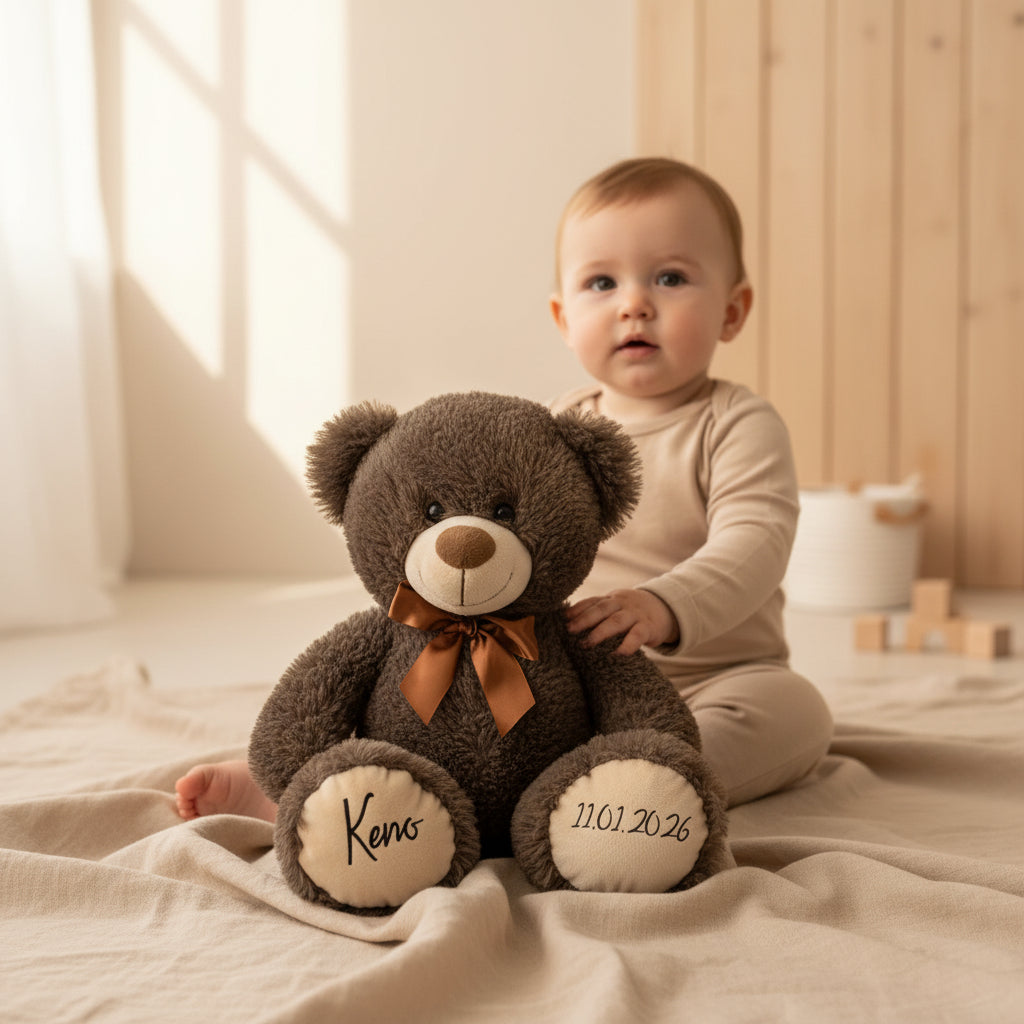 Personalisierter Teddybär Kuscheltier 54cm Dunkelbraun - Geschenk zur Geburt & Taufe