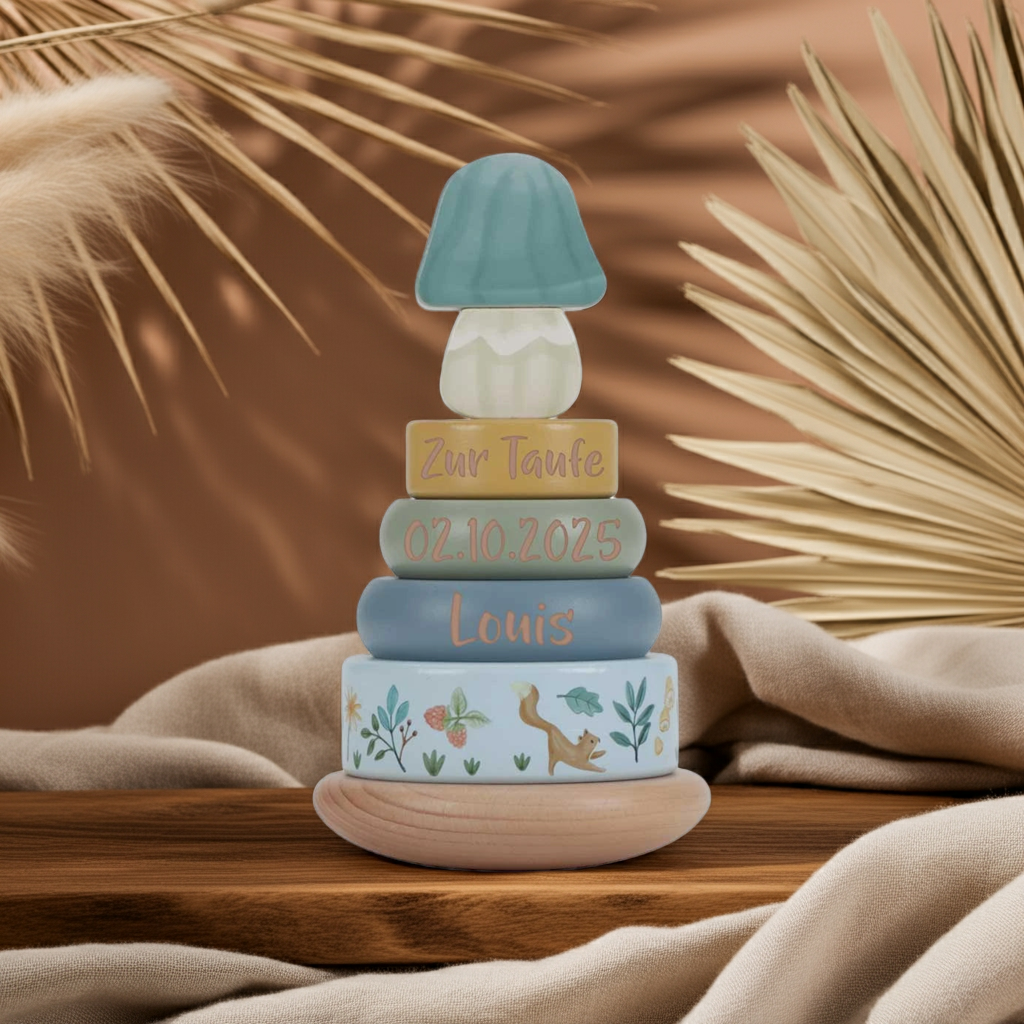 Wooden stacking tower with rings Forest Friends "For Baptism" | Little Dutch
