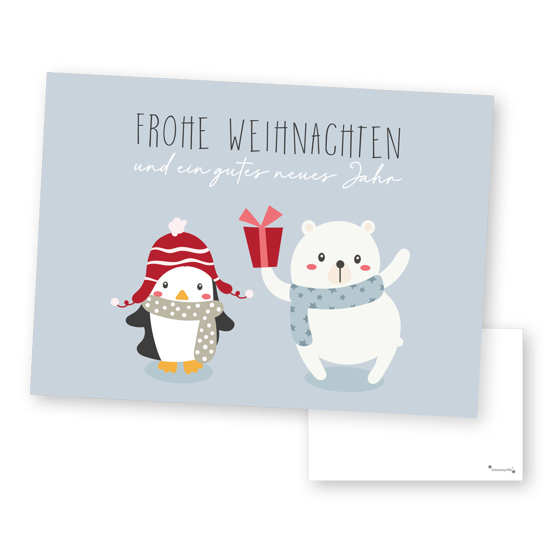 Grußkarte "Fröhliche Weihnachten" - Pinguin und Eisbär