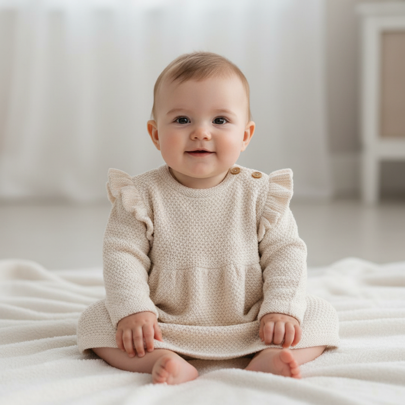 Knitted Long-Sleeved Dress Sand with Ruffles