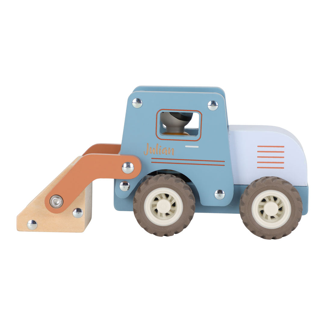 Personalized wooden toy bulldozer with engraving – baby gift with name