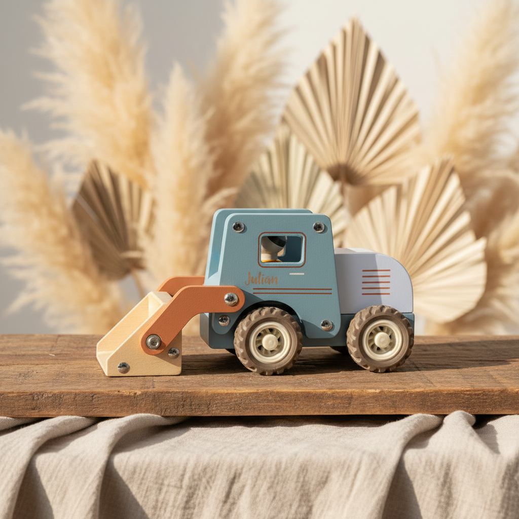 Personalisiertes Holzspielzeug Bulldozer mit Gravur – Babygeschenk mit Name