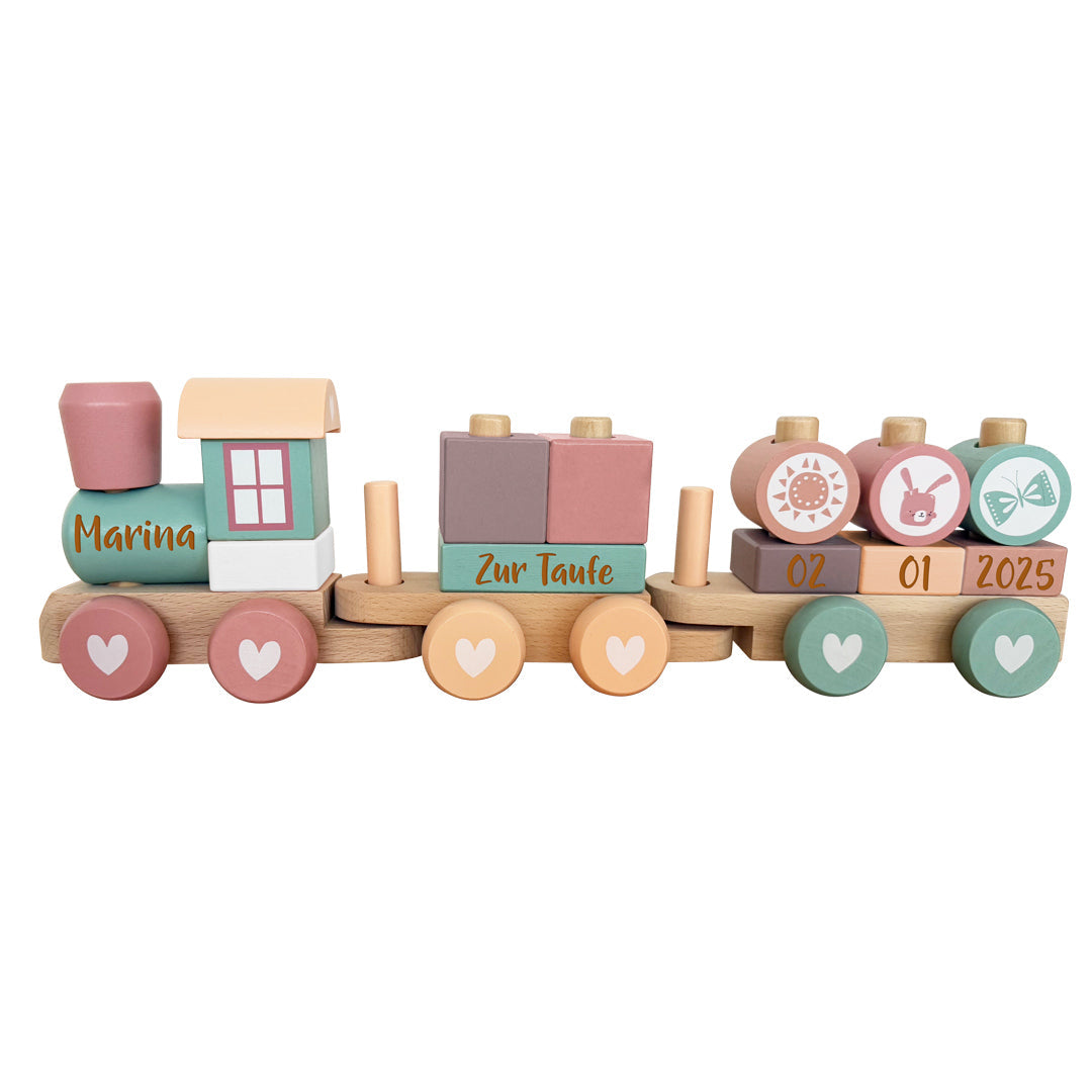 Personalisierter Holz-Zug Adventure Pink - Geschenk zur Taufe