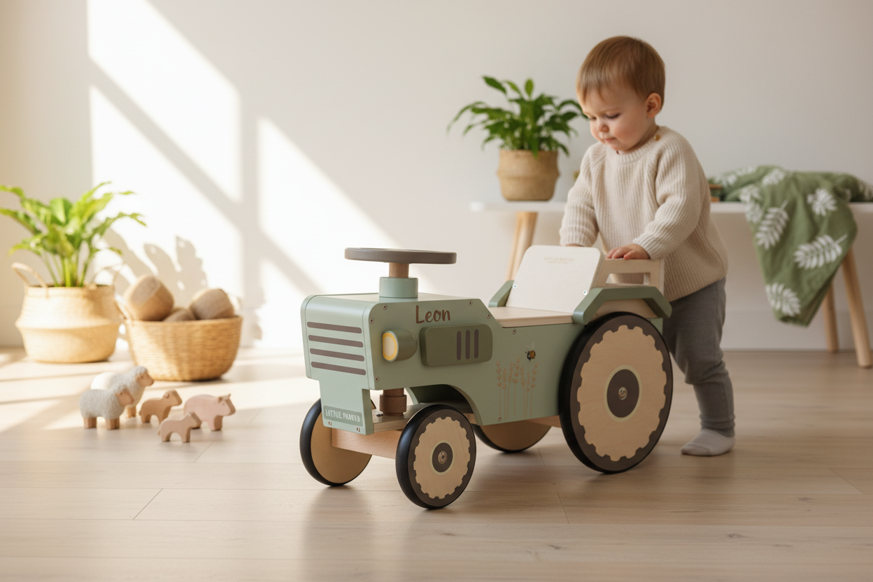 Personalisierter Lauftraktor aus Holz mit Name | Geschenk für Kinder