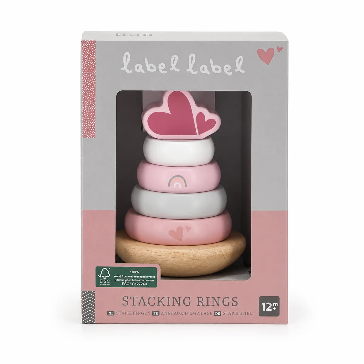 Tour d'équilibre en bois rose de Label Label - Jouet de motricité avec anneaux à empiler pour bébés à partir de 12 mois