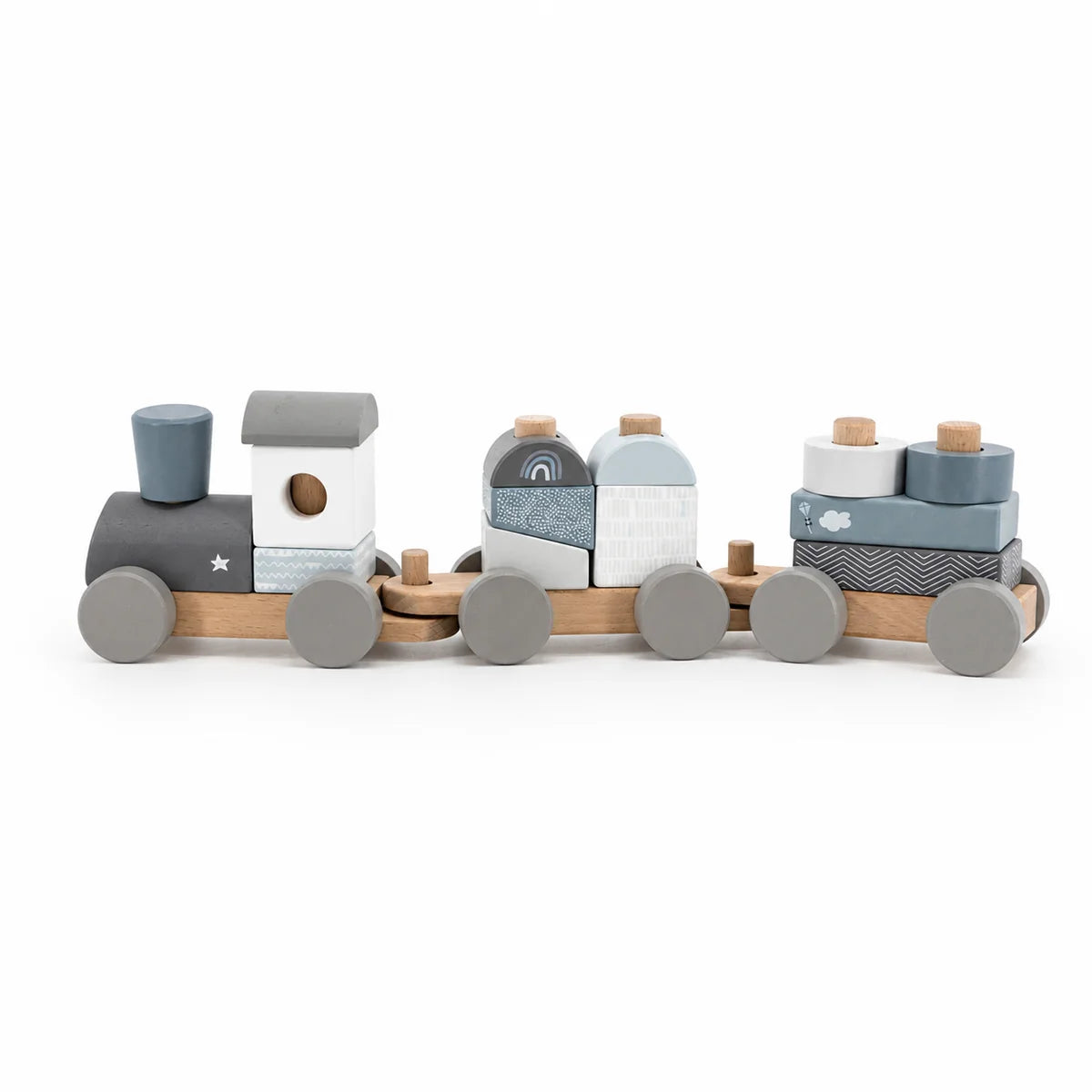 Personalisierter Stapelzug aus Holz in Blau von Label Label mit Name und Taufdatum als Geschenk zur Taufe
