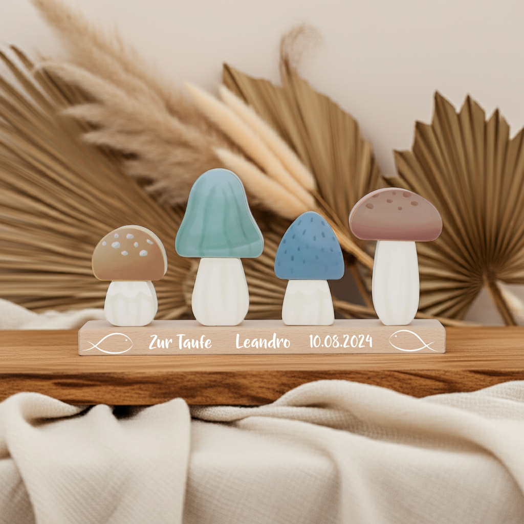 Personalisierte Stapel-Pilze Forest Friends – Geschenk zur Taufe | Schmatzepuffer