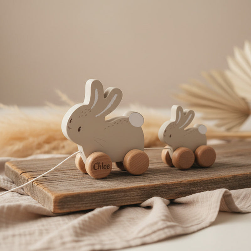 Jouet à traîner personnalisable en bois bébé lapin