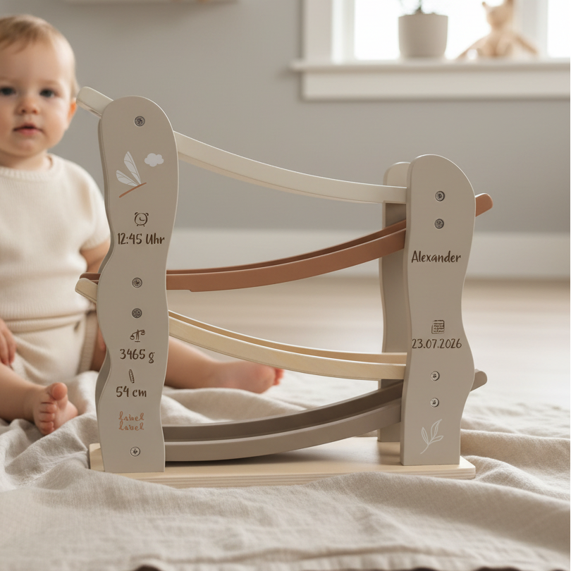 Personalisierte Holz-Kugelbahn mit Name, Geburtsdatum, Geburtszeit, Gewicht und Größe als hochwertiges Geschenk zur Geburt. Individuell graviertes Holzspielzeug für Babys und Neugeborene von Schmatzepuffer.