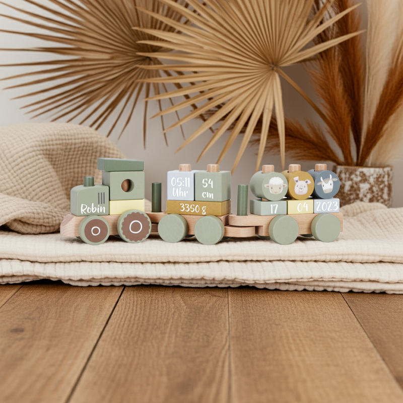 Personalisierter Holzzug aus Holz mit Traktor – Geschenk zur Geburt mit Namen