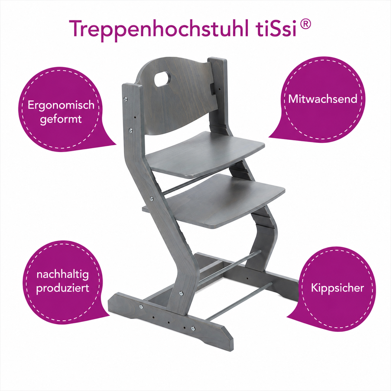 tiSsi Hochstuhl in Grau mit Produktvorteilen ergonomisch geformt, mitwachsend, nachhaltig produziert und kippsicher