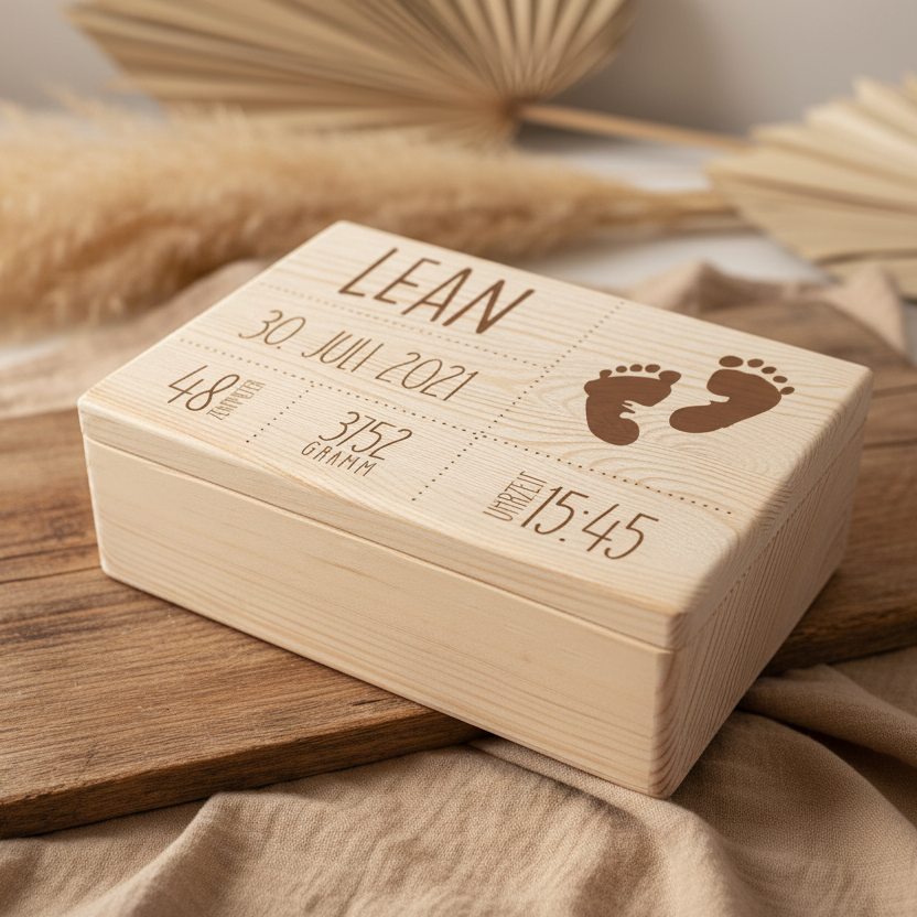 Holz-Erinnerungsbox zur Geburt mit eingraviertem Namen und Geburtsdaten, liebevoll arrangiert