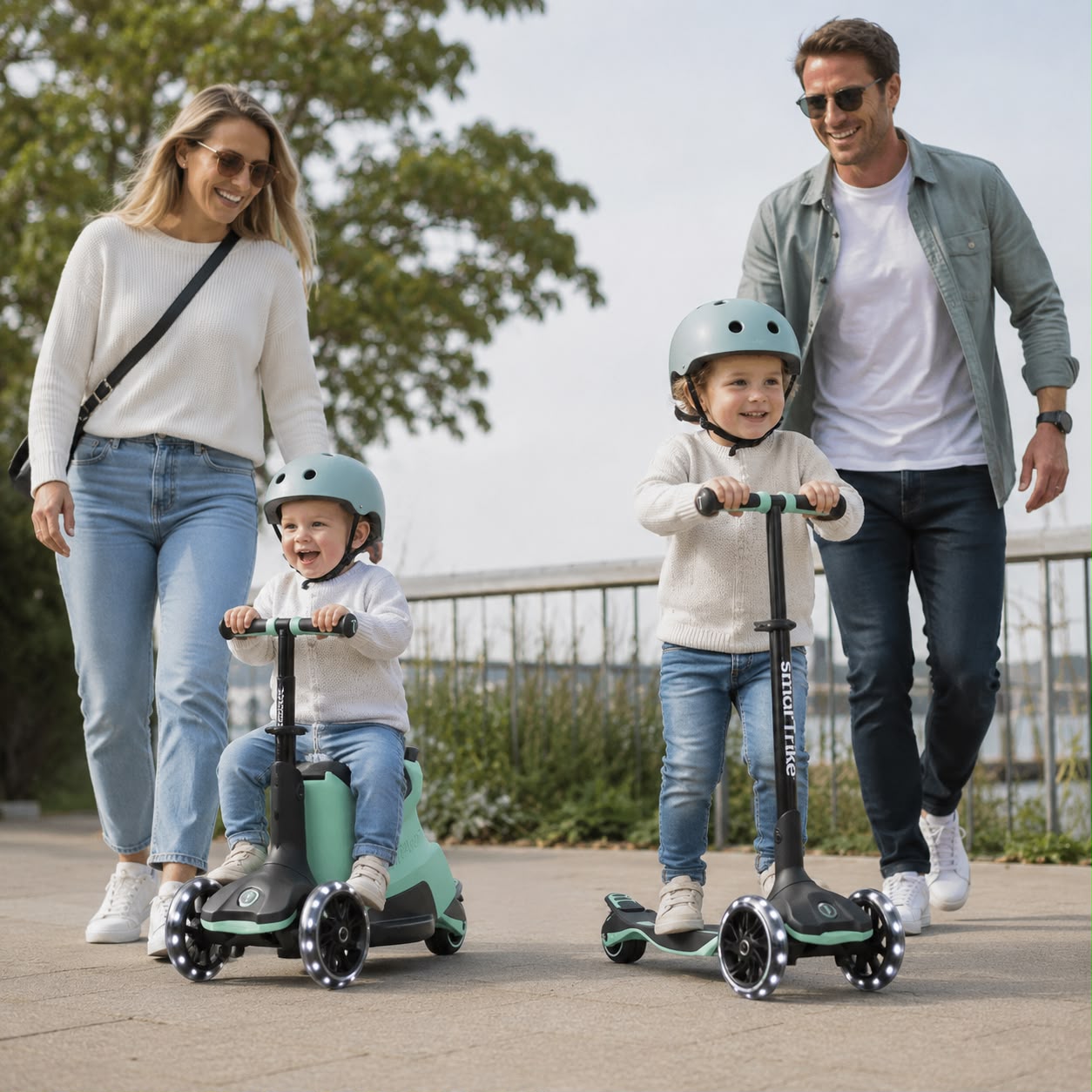 Zwei Kinder fahren mitwachsende Kinder Scooter im Park, begleitet von ihren Eltern – sichere und flexible Scooter für verschiedene Altersstufen bei Schmatzepuffer