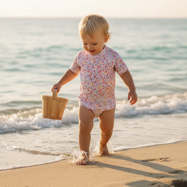 Baby Bademode Strand Meer Sommer – Kind läuft am Wasser mit Badeanzug, Urlaub mit Baby