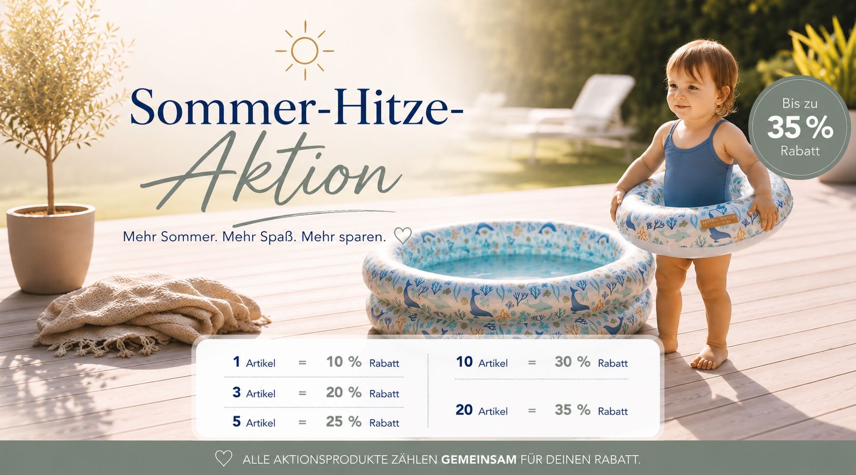 Sommer-Hitze-Aktion mit Kinderpool für den Garten – Rabattaktion auf Kinderpools, Schwimmringe, Schwimmflügel und Badespielzeug für Babys und Kinder.