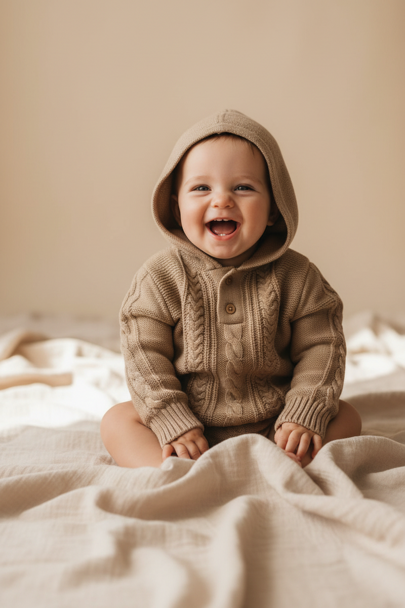 Sweat à capuche en maille « Noyer » beige, tailles 98-104 | Leevje