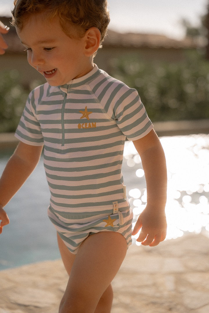 Short-sleeved swim shirt Stripes Surf Blue | Little Dutch