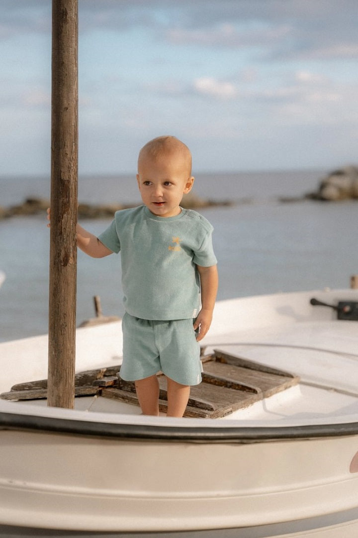 T-shirt and shorts Seashells and Stripes Surf Blue | Little Dutch