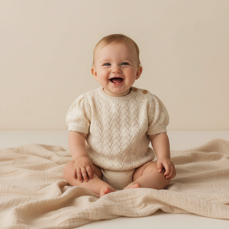 Cream Short-Sleeved Knitted Sweater for Babies and Children