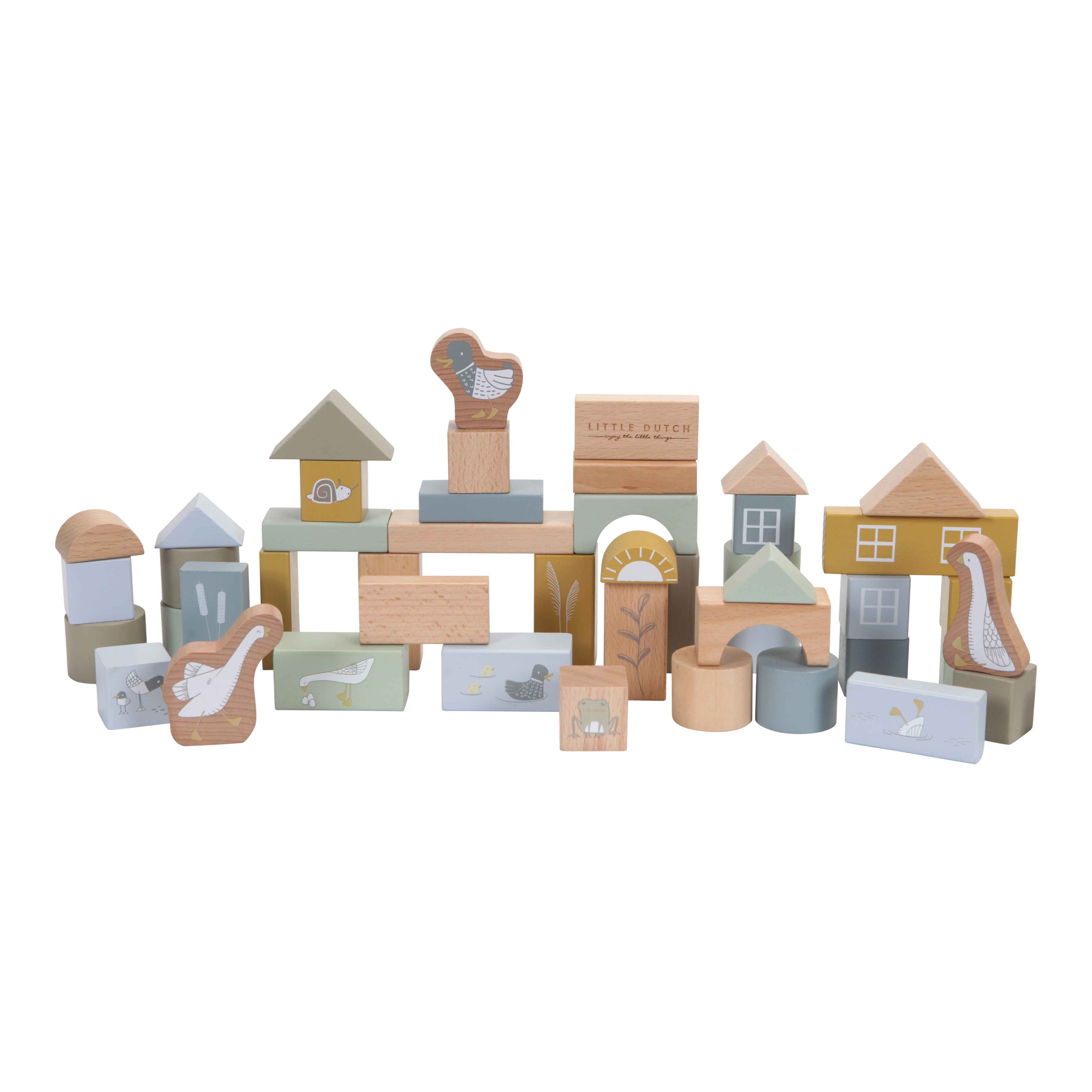 Wooden building blocks in a blue box