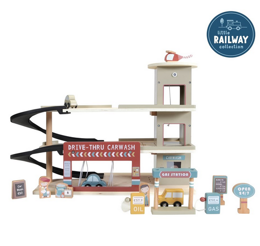 Wooden train parking garage with cars & helicopters | Schmatzepuffer
