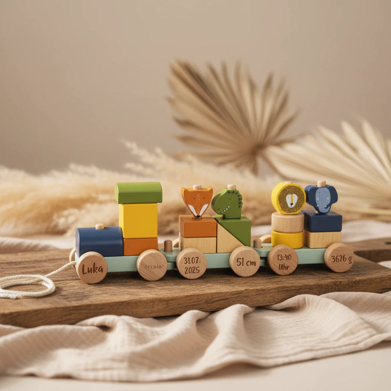 Holz-Zug Eisenbahn mit Tieren – Geschenk zur Geburt | Schmatzepuffer