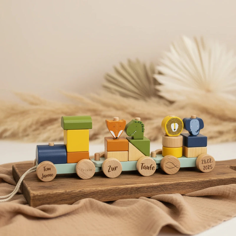 Train en bois personnalisé avec animaux – Cadeau de baptême | Schmatzepuffer