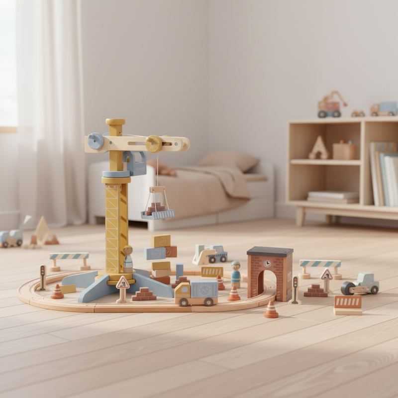 Holz Baukran Spielset für Holzeisenbahn Baustellen | Schmatzepuffer