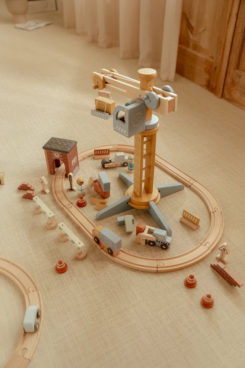 Holz Baukran Spielset für Holzeisenbahn Baustellen | Schmatzepuffer