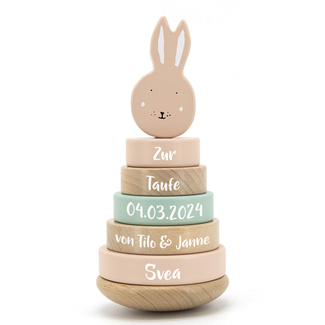 Tour empilable en bois Madame Lapin – Cadeau de baptême | Schmatzepuffer