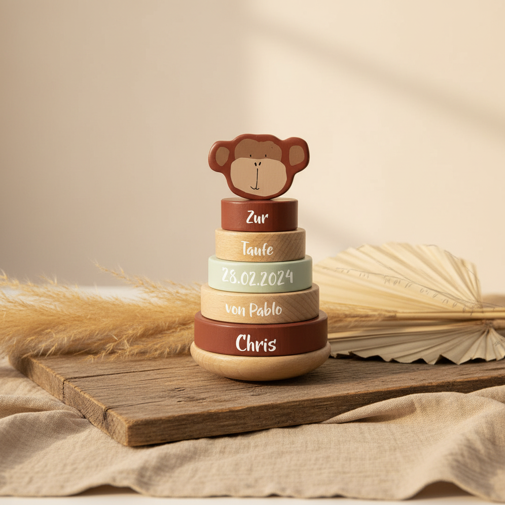 Wooden Stacking Toy Mr. Monkey – Christening Gift | Schmatzepuffer