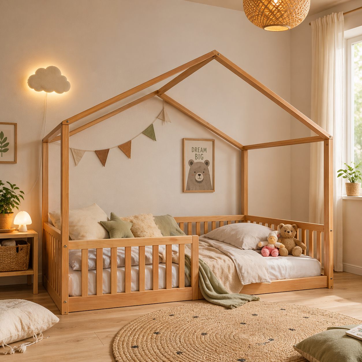 Montessori House Bed 140x200 made of natural beech – Floor Bed with optional roof