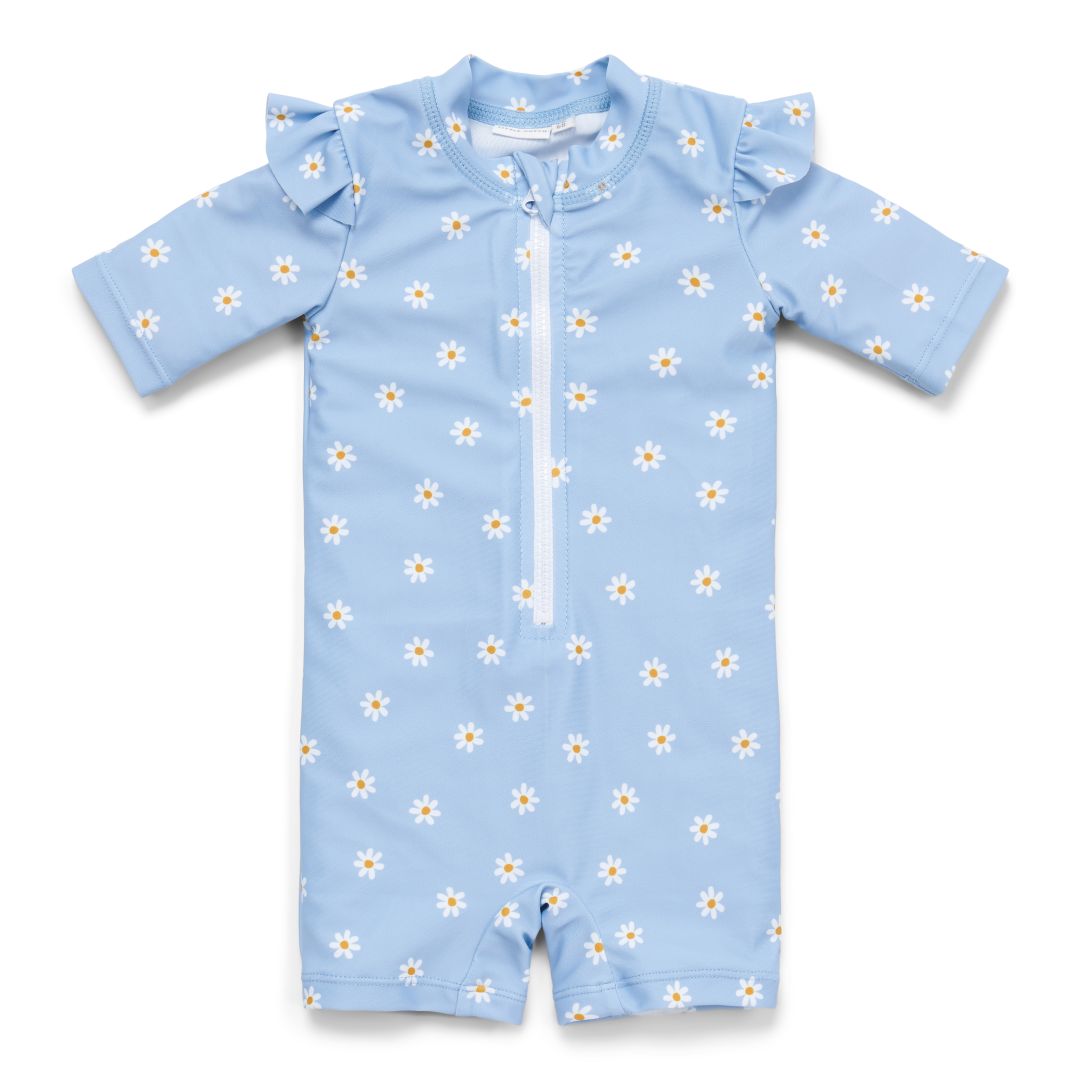 Maillot de bain manches courtes à volants Marguerites Bleu | Little Dutch