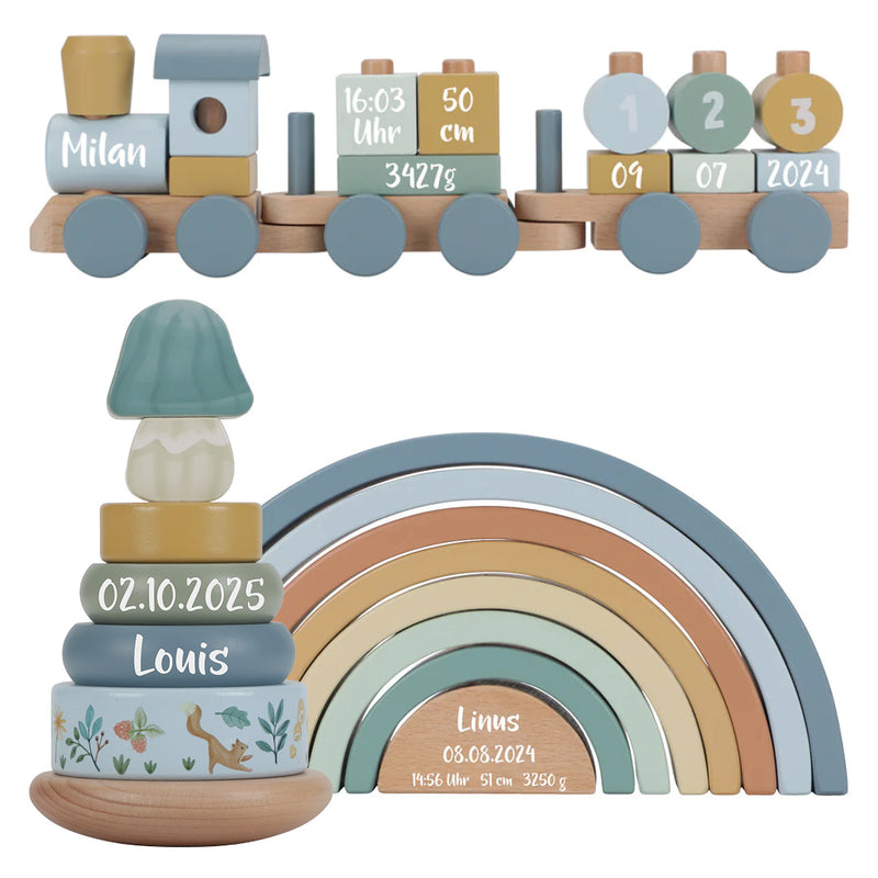 Coffret cadeau personnalisé en bois - Train - Tour à empiler - Arc-en-ciel - Cadeau de naissance
