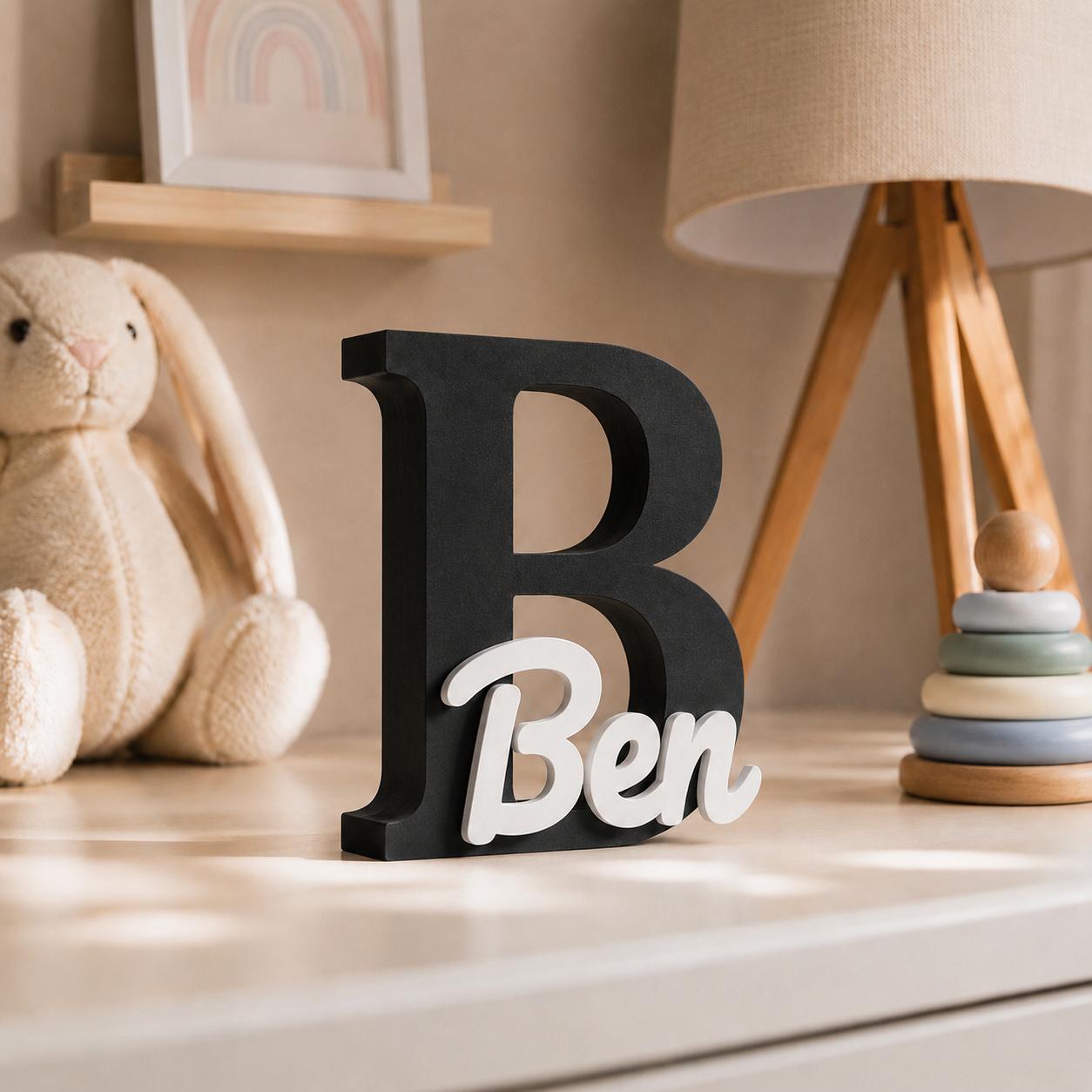 Personalized Name Sign with Large Black Initial & Name – Nursery Decor in Custom Color